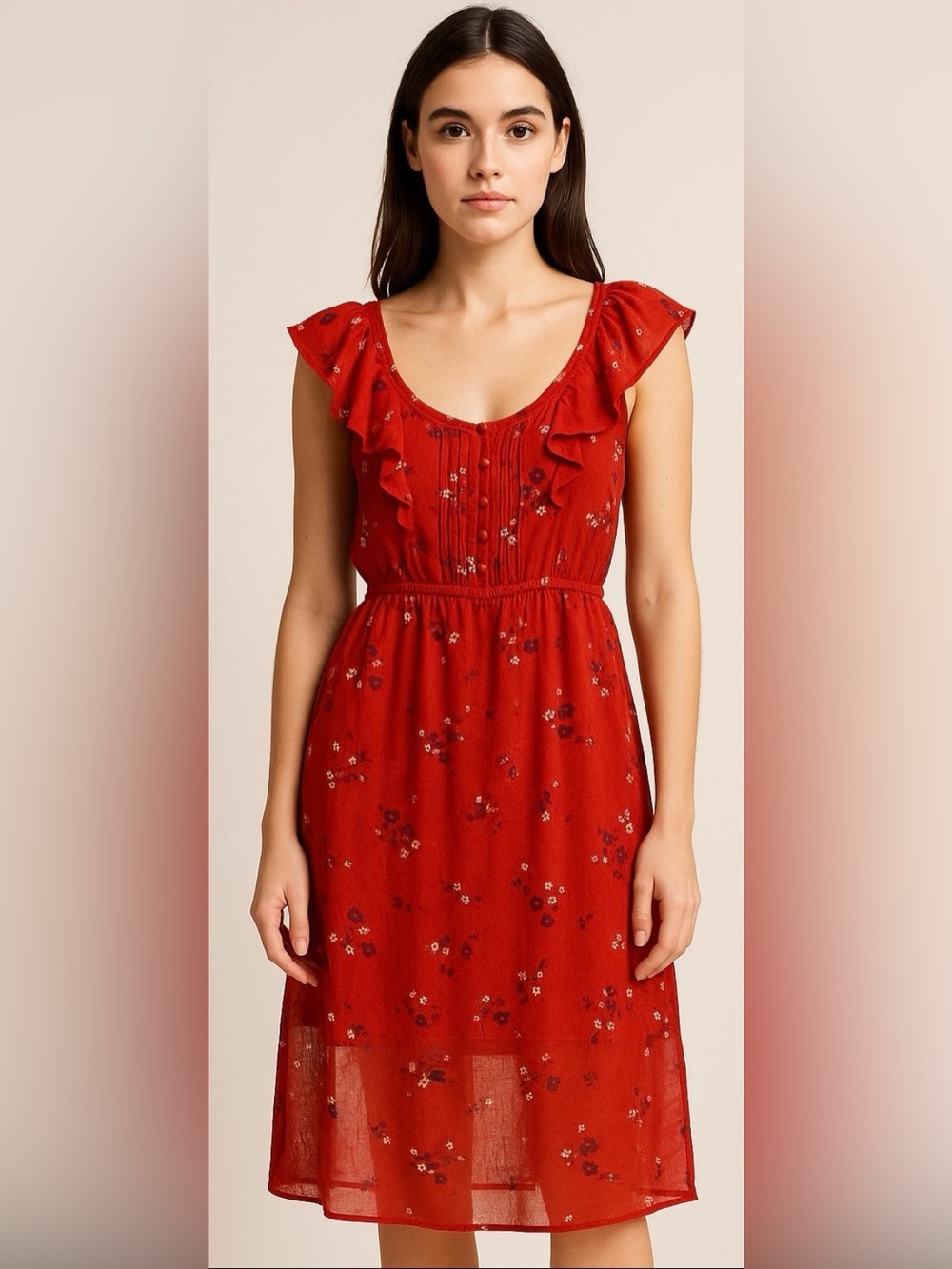 American Eagle Red Floral Ruffle Tank Midi Dress Size M